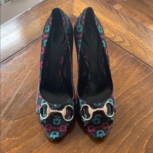 Gucci Satin Crystal Horsebit Peep-toe